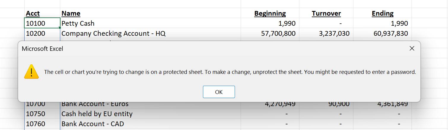 Protected Velixo worksheet showing a locked cell error message when a user tries to edit a formula cell