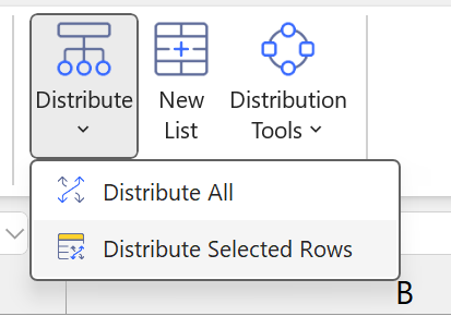 Velixo ribbon context menu showing the Distribute Selected Rows option