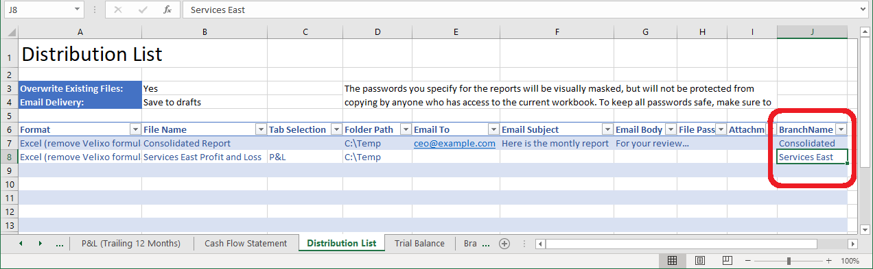 Distribution List with custom argument columns added at the end showing branch values per recipient