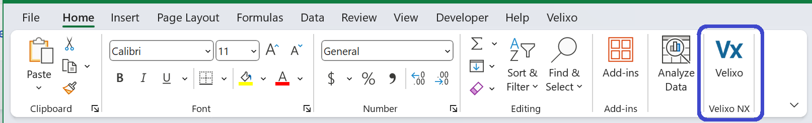 Excel Home ribbon showing the Velixo button added by the Velixo NX add-in