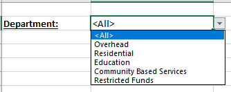 Department dropdown in the report showing the available department options