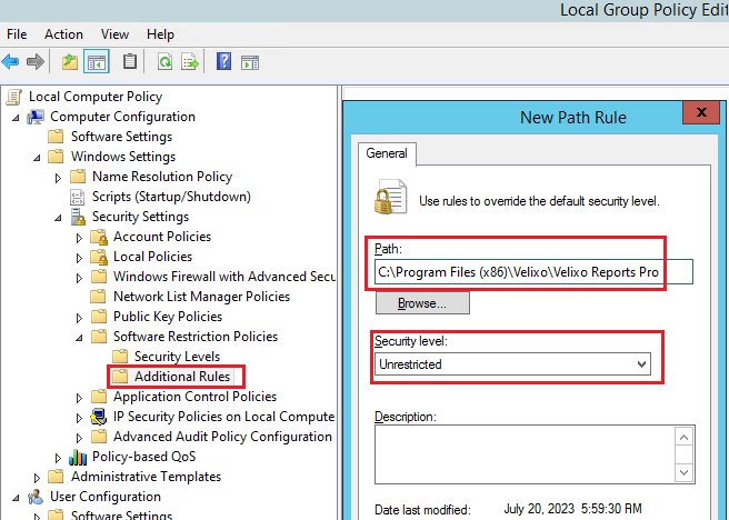 Windows Local Security Policy dialog showing Software Restriction Policies with an Additional Rules entry for the Velixo add-in folder path