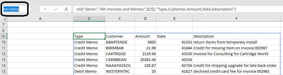 Excel Name Box being used to assign a named range to the GI function result for use in the pivot table
