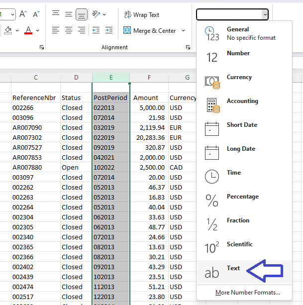 Excel Format Cells dialog with the Text category selected for the financial periods column