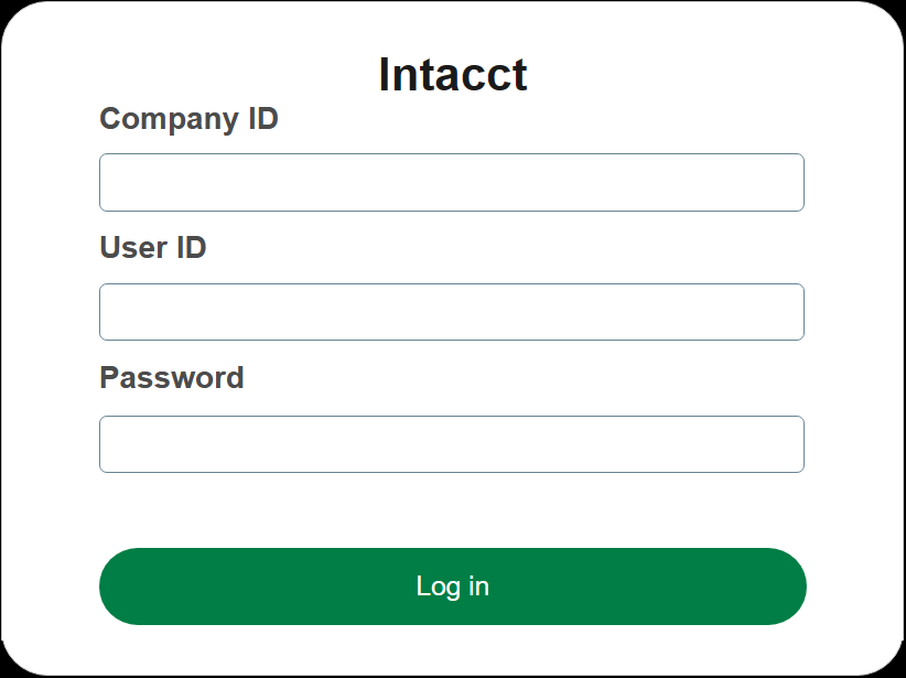 Sage Intacct login screen with the Company ID, User ID, and Password fields cleared, ready for manual entry