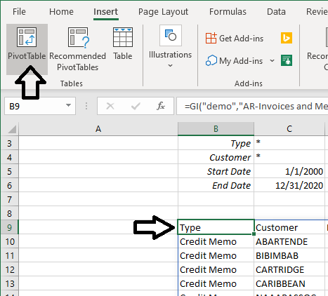 Excel Insert ribbon with the PivotTable button highlighted after selecting the GI function data range