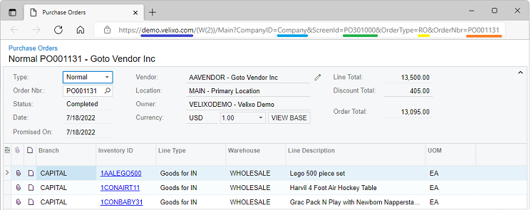 Acumatica Purchase Orders screen (PO301000) with the browser URL bar showing the direct link structure including OrderType and OrderNbr parameters