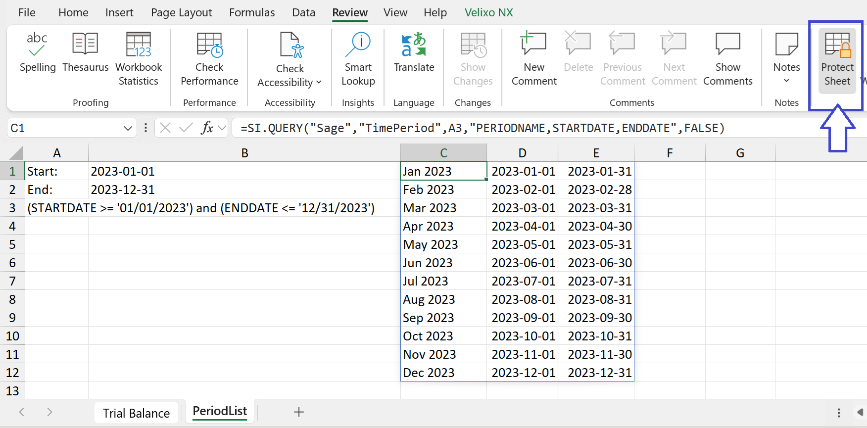 Excel Protect Sheet dialog applied to the PeriodList lookup worksheet
