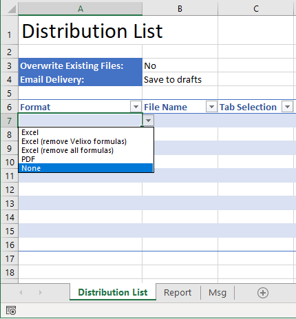 Distribution List format dropdown showing the None option selected to send without a file attachment