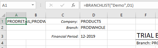 BRANCHLIST function returning a list of branches for the selected Company