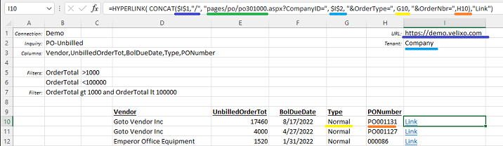Excel HYPERLINK formula referencing base URL and tenant cells to build a custom link to the Acumatica PO screen