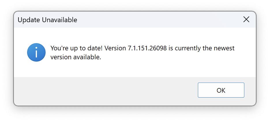 Velixo Classic update dialog confirming the installed version is up to date with the version number shown