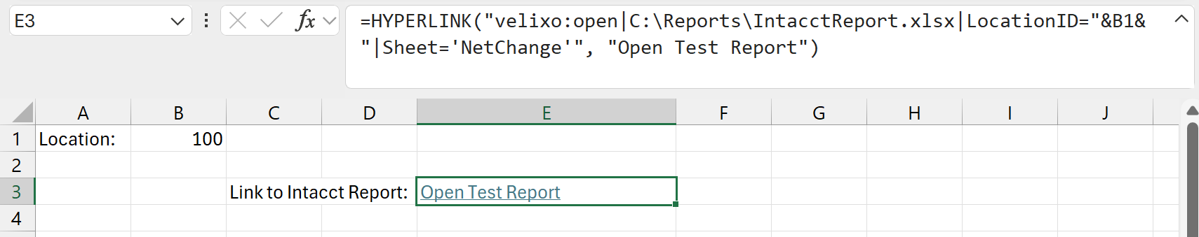 Excel workbook with a HYPERLINK formula using Velixo Smart Link syntax to open a report with the LocationID argument
