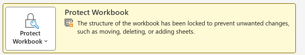 Excel File Info page showing workbook structure protection noted in the Protect Workbook section