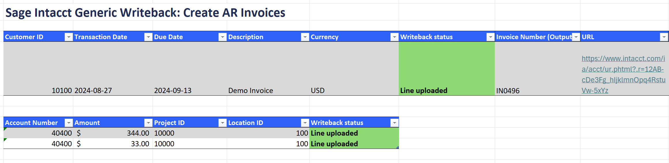 Writeback results in Excel showing Line uploaded status for each row in the ARINVOICE and ARINVOICEITEMS tables, with invoice number and URL populated in the output cells