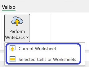 The Perform Writeback button pulldown showing Selected Cells or Worksheets and other options