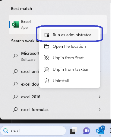 Windows taskbar search showing Excel with the right-click context menu and Run as administrator option