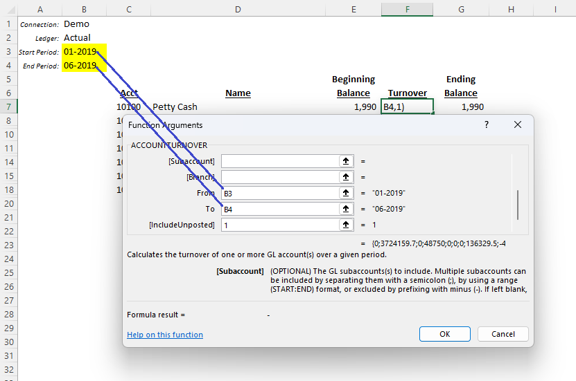 Excel formula bar showing an ACCOUNTTURNOVER function referencing both From and To period cells for YTD calculation