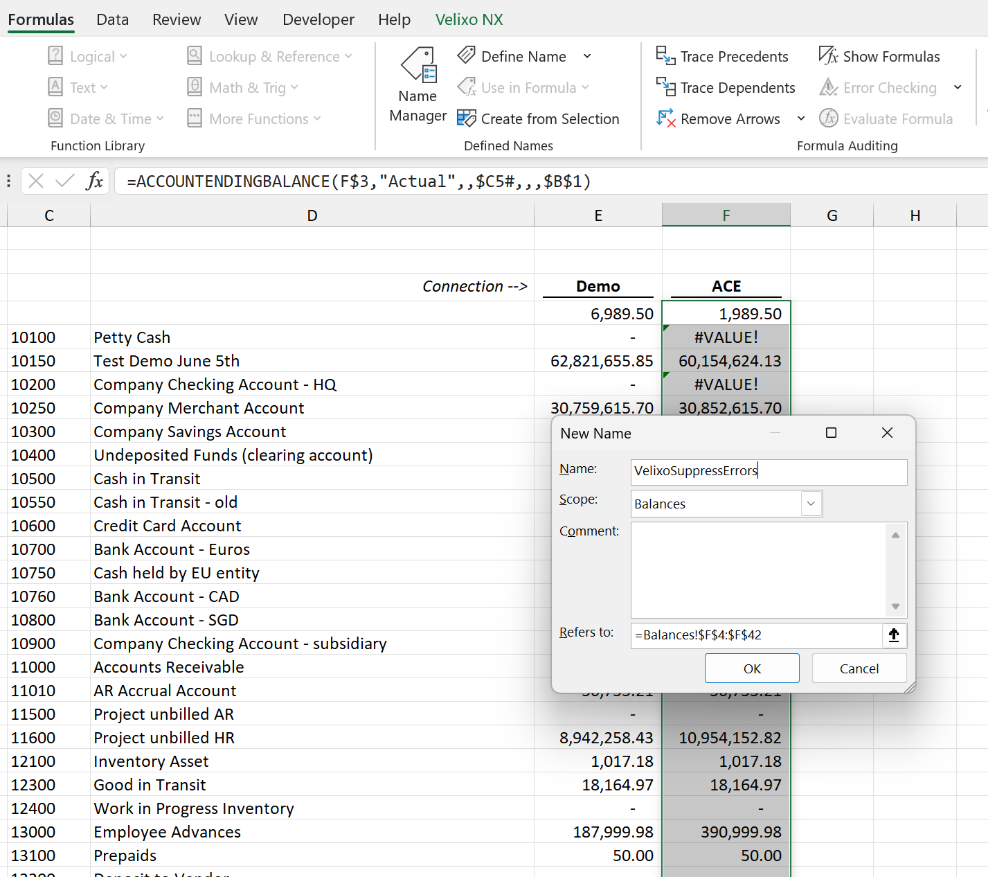 Excel New Name dialog with VelixoSuppressErrors in the Name field and a worksheet selected as the scope