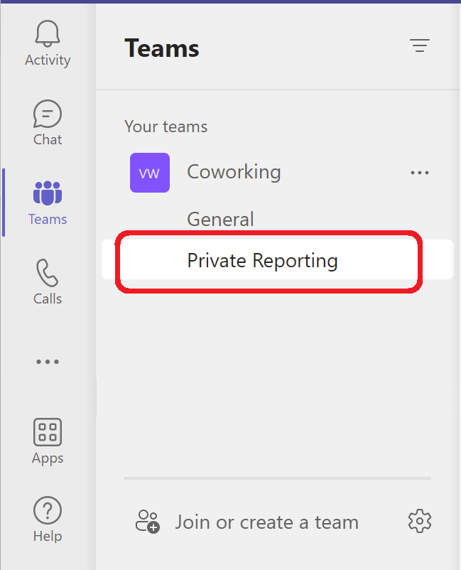 Microsoft Teams sidebar with a team selected showing its channels