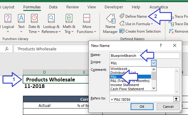 Excel Define Name dialog with the parameter cell name and worksheet scope selected