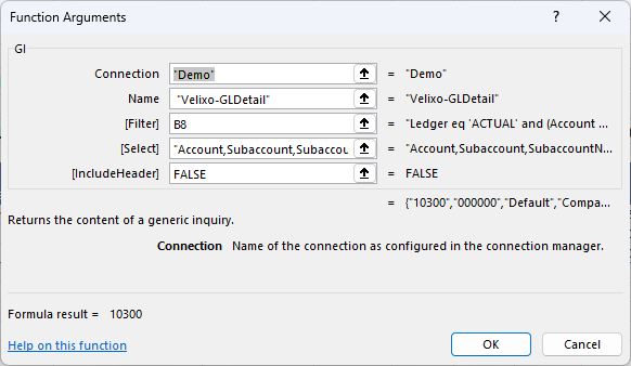GI function dialog with Connection, Inquiry Name, Filter cell reference, field list, and headers arguments