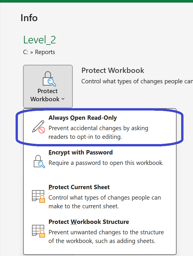 Excel Protect Workbook dropdown with the Always Open Read-Only option highlighted