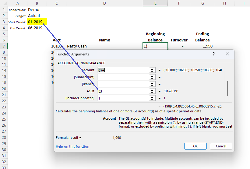 Excel formula bar showing an ACCOUNTBALANCE function in the Beginning Balance column referencing the YTD start period cell