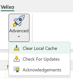 Velixo ribbon Advanced dropdown menu with the Clear Local Cache option highlighted