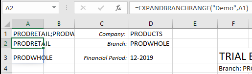 EXPANDBRANCHRANGE function converting the branch list into an Excel spill array