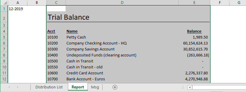 Excel Report sheet showing data in columns C through E to be used directly as the email body
