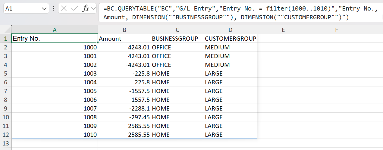 Excel result showing GL entries 1000 to 1010 with only the BUSINESSGROUP and CUSTOMERGROUP dimension columns