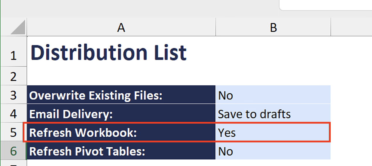 Distribution List settings with Refresh Workbook set to Yes