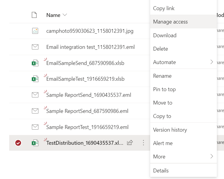 SharePoint kebab menu for a file with Manage Access option highlighted