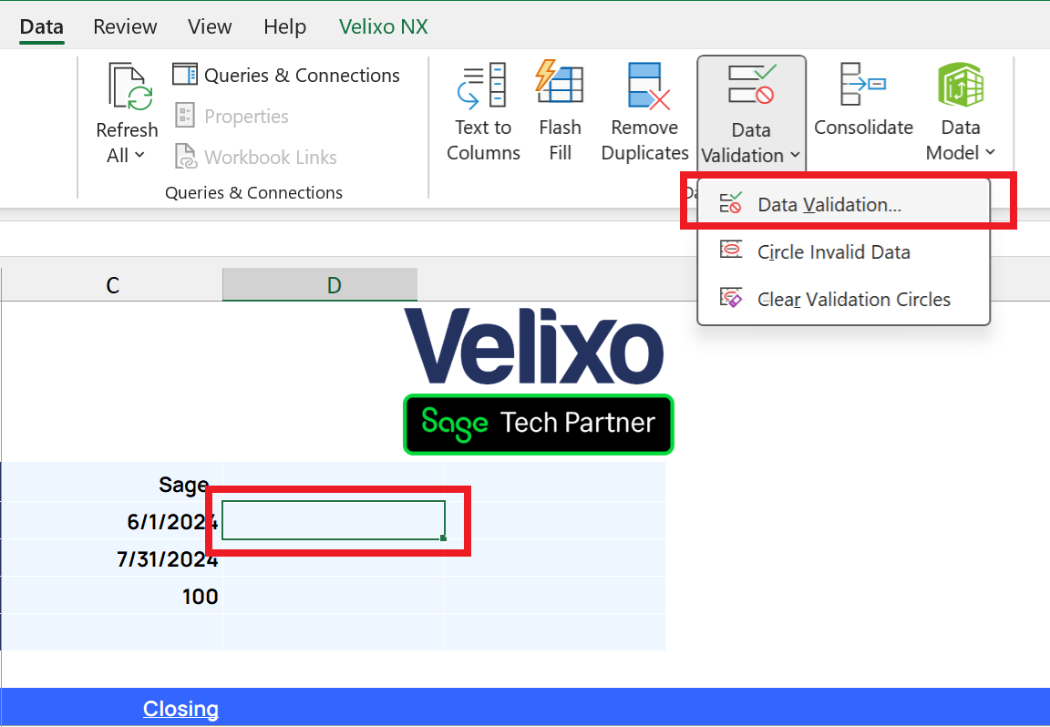 Excel Data Validation dialog configured to show a list sourced from the PeriodList worksheet