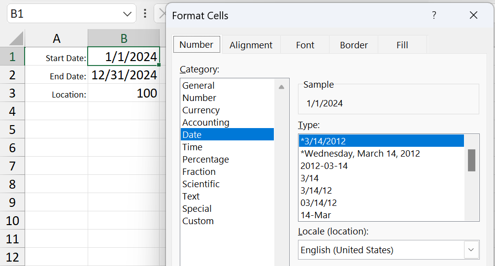 Excel cells B1 and B2 displaying dates in a valid Excel date format for use in Velixo functions