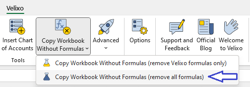 Velixo ribbon in Excel with the Remove All Formulas button highlighted