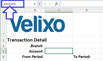 Excel Name Box listing named ranges for Branch, Account, Subaccount, and Period cells