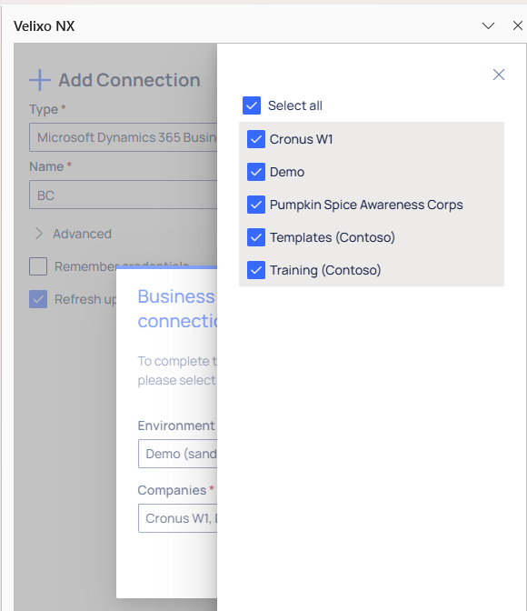 Business Central connection panel showing multiple company checkboxes with the Select All checkbox available for connections with four or more companies