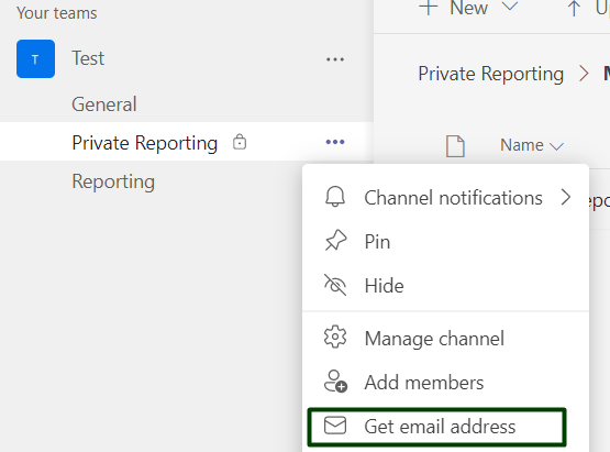 Microsoft Teams channel context menu showing the Get email address option for the channel
