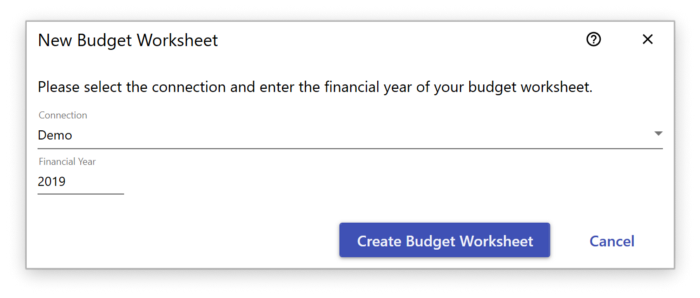 The Budget setup dialog prompting for connection and financial year selection