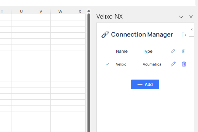 Excel opening a blank Velixo workbook downloaded from Acumatica with a pre-configured connection ready to use