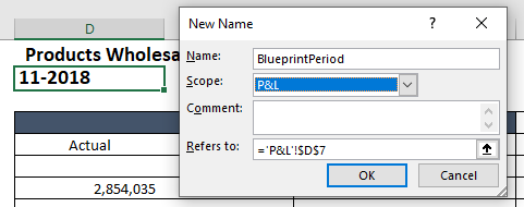 Excel Name Manager listing worksheet-scoped named ranges for Branch and Financial Period