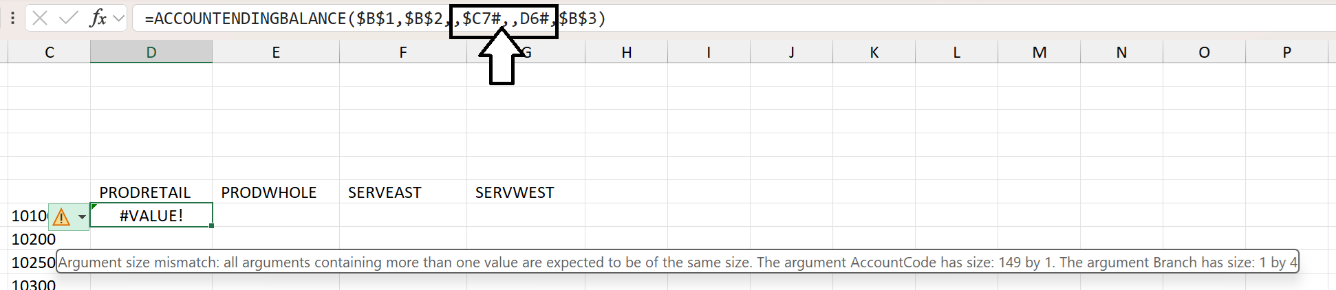 Excel worksheet showing a Velixo GL function error caused by two array arguments of different sizes