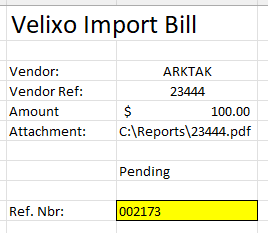 The Excel writeback worksheet after completion, showing Reference Nbr 002173 automatically populated in cell C10