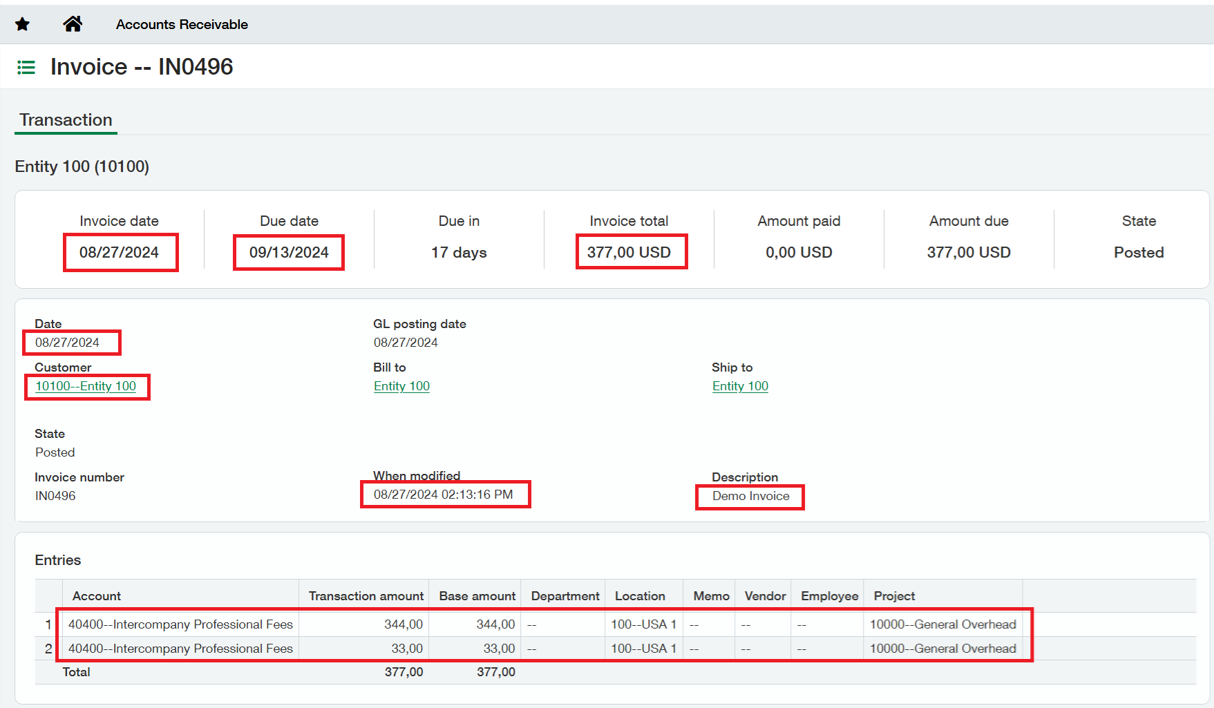 The newly created AR invoice in Sage Intacct showing all header and line item data entered from the Excel writeback