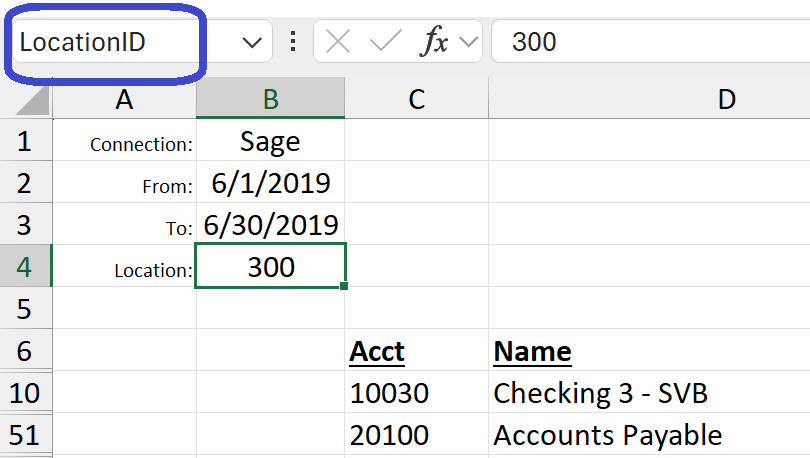 Excel Name Box showing the named range LocationID assigned to cell B4 in the Velixo report