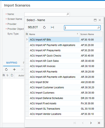The Import Scenarios screen in Acumatica showing a sample list of active Import Scenarios