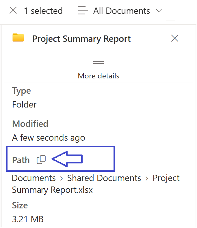 SharePoint Details panel with the copy path icon highlighted in the Path section