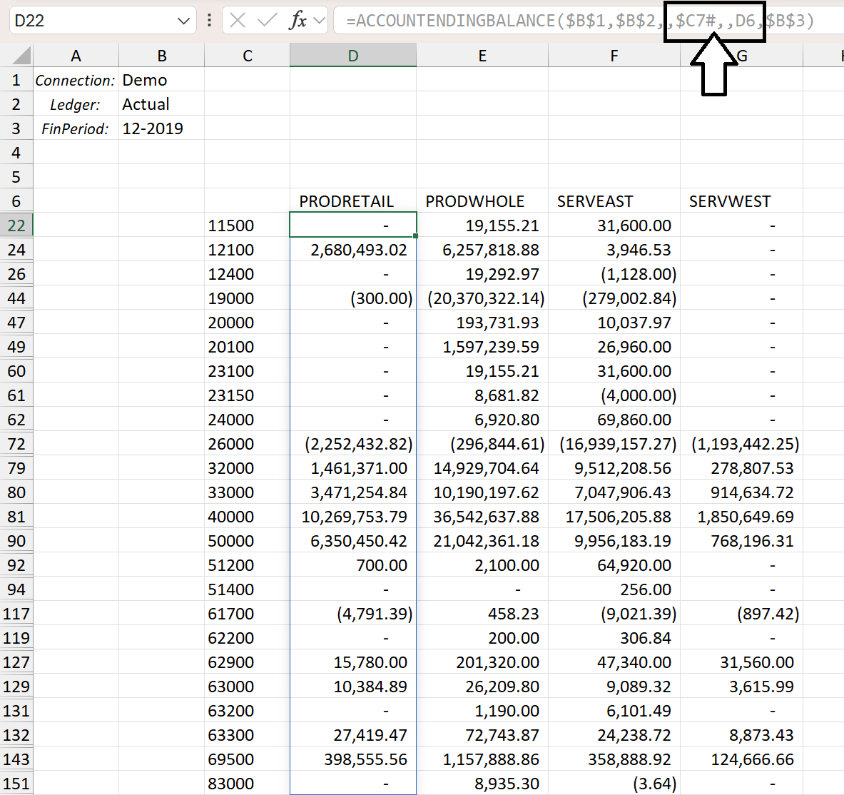 Excel worksheet showing a Velixo GL function using an array reference for account codes and a single cell reference for the branch argument